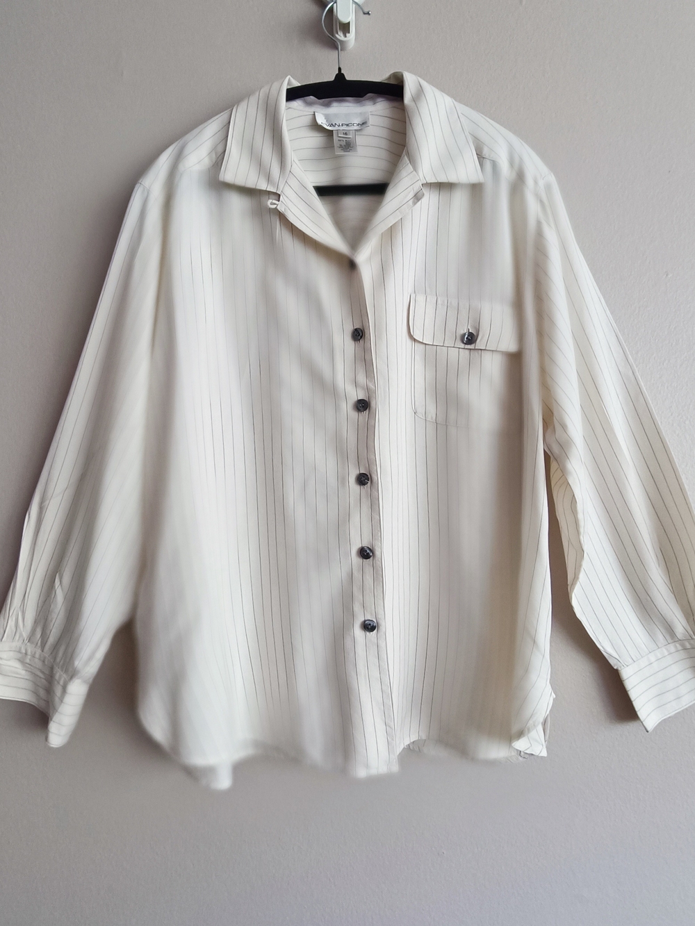 VTG Evan-Picone 100% Silk Striped Button Down Blouse Cream Neutral Size 16